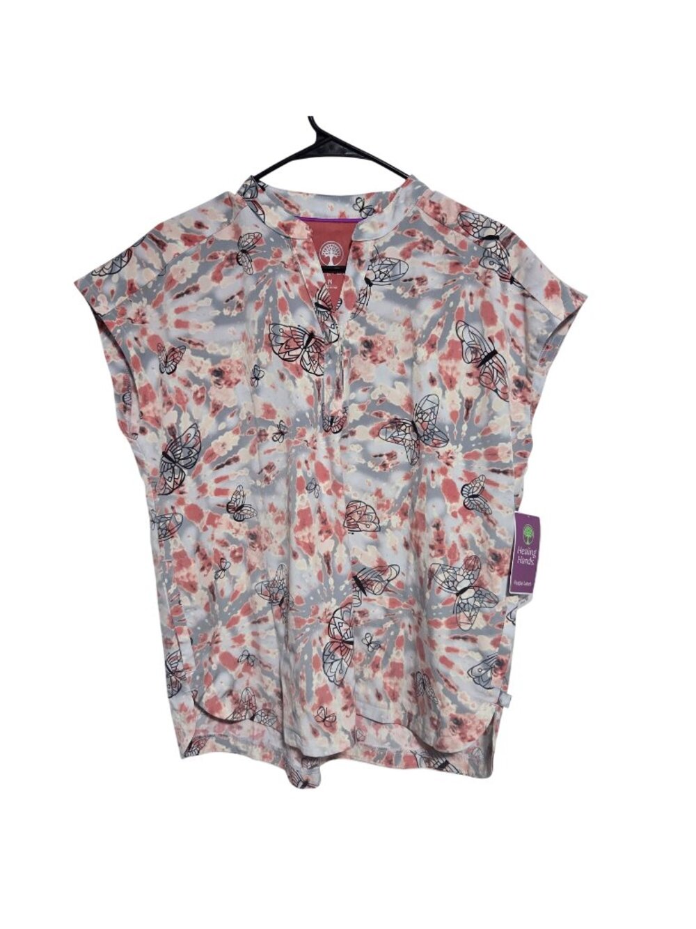 Healing Hands Scrub Top Size Medium Purple Label Mandarin Collar Butterfly Print